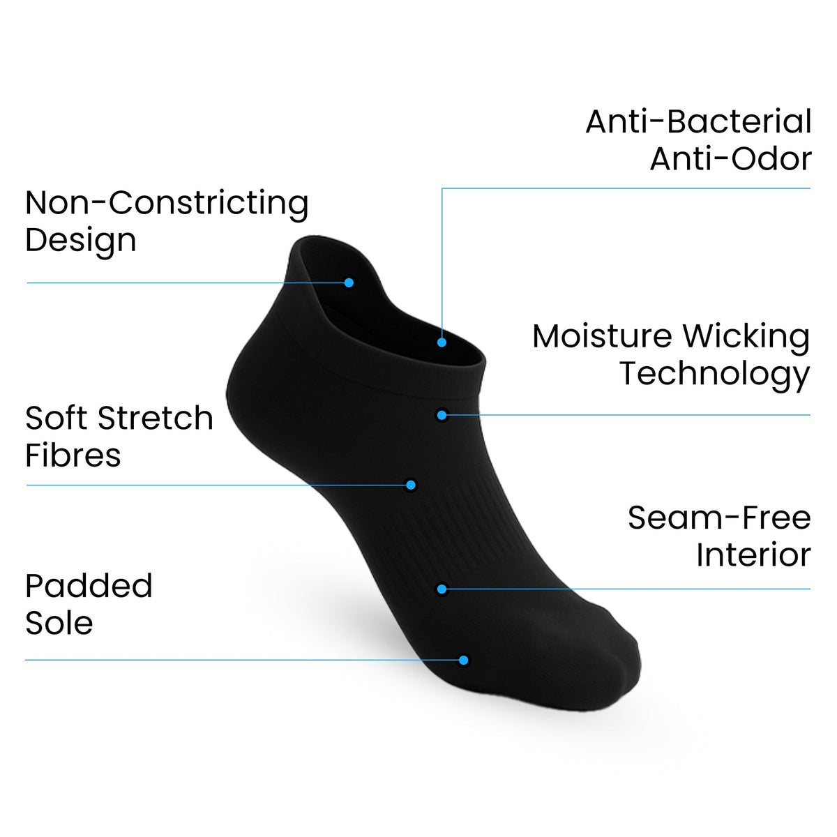 6-Pack Padded Stretch Diabetic Ankle Socks - Black